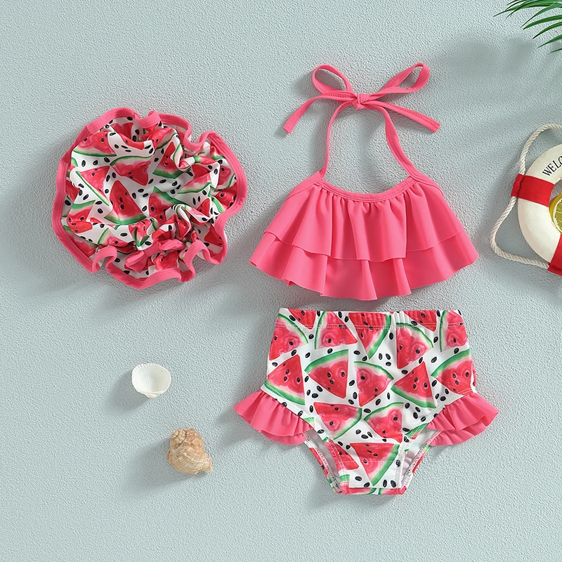 

Kid Girl Bikini Swimsuit Sleeveless Hanging Neck Vest Beach Pool Shorts Swimwear with Hat