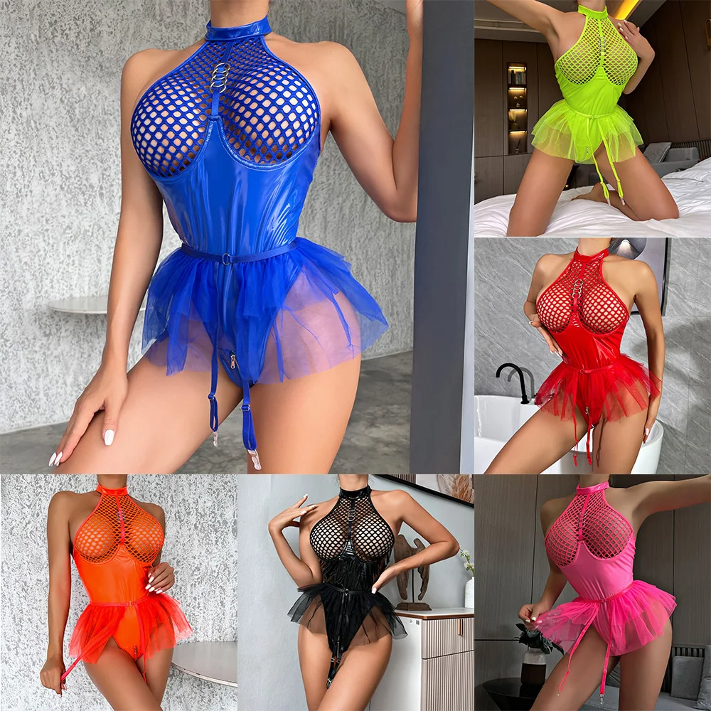 

Sexy Fishnet Women Bodysuit Bright Color Mesh Mini Skirt Lingerie Pu Leather Babydoll Nightwear Underwear Erotic Costumes