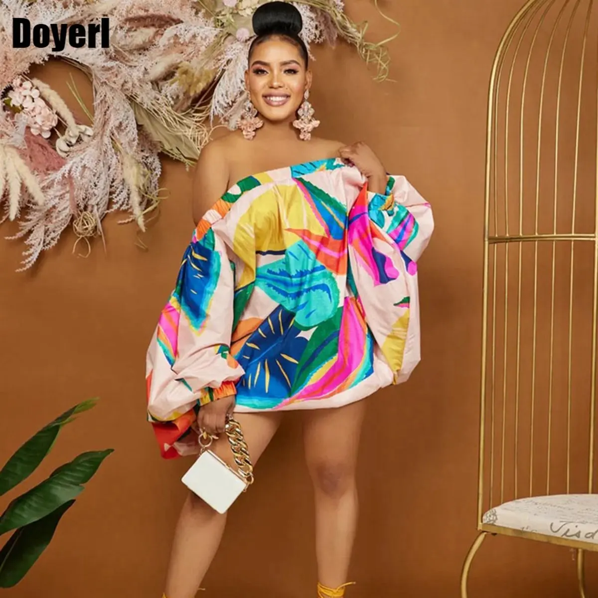 

Print Loose Mini Party Dress Women Short Elegant Luxury Long Sleeve Vintage Off The Shoulder Sexy Birthday Dress High Street