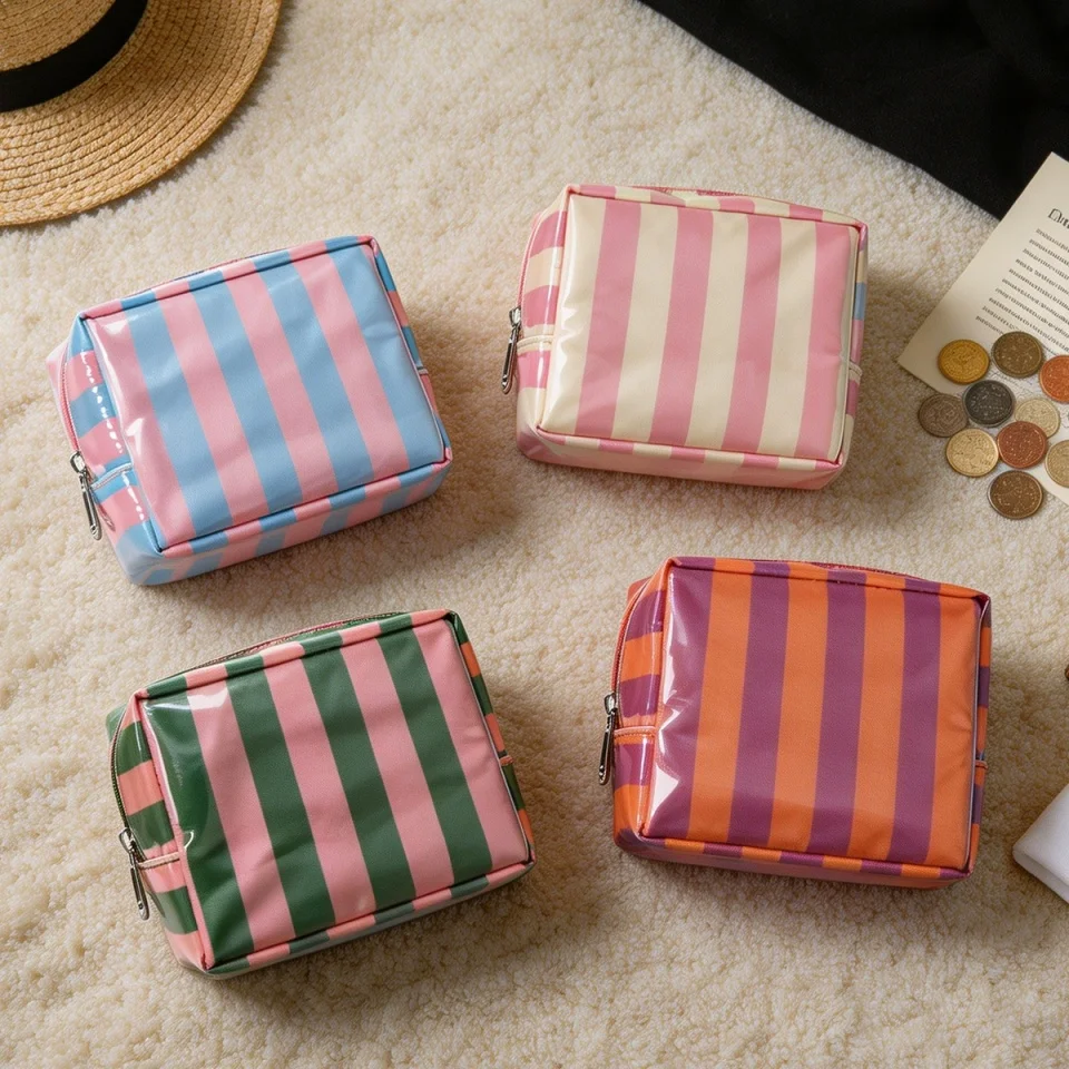 Chic Striped Mini Makeup Bag with Zipper - Stylish Cosmetic Pouch