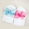 0-6Months Newborn Hospital Hat Warm Beanie with Ribbon Bow Cute Wool Turban Infant Baby Girl Winter Bonnet New Born Knitted Hat 3