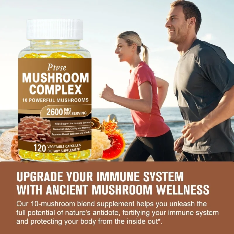 Ptvse Vegan Mushroom Complex Capsules with Lions Mane, Chaga, Reishi, Cordyceps For Men & Women Mood & Stress Dietary Supplement