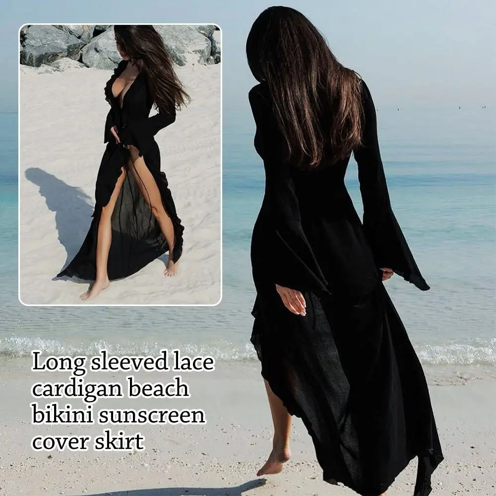 Fashion V Neck Summer Beach Cover Up Ruffled Long Sleeve Beach Dress Casual Bathing Suit Bikini Sunscreen Smock for Women 4
