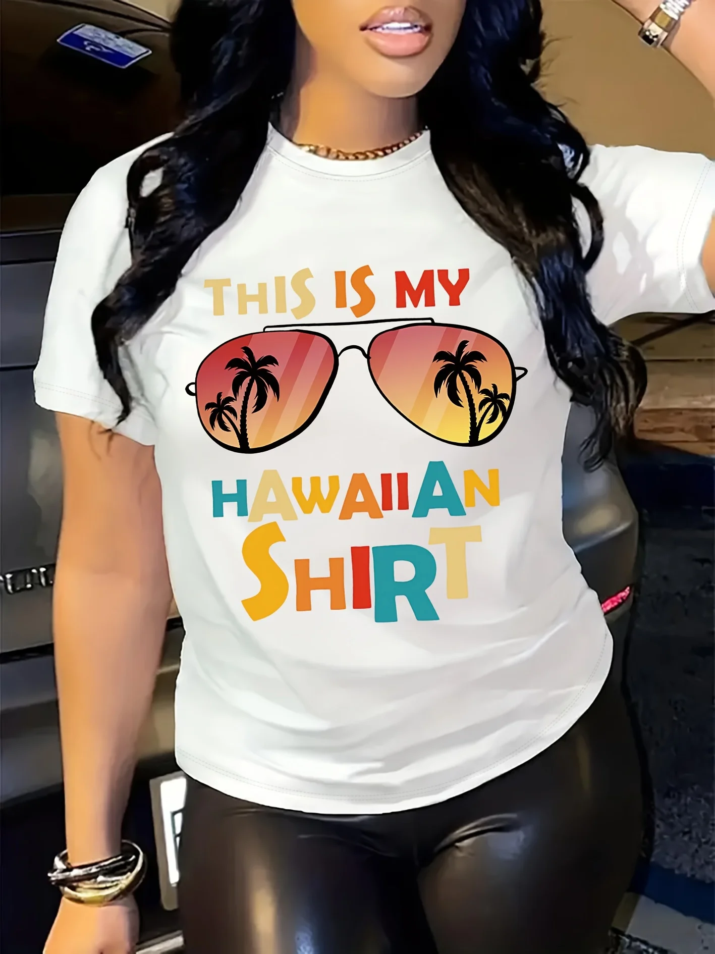 

Glasses & Letter Print T-shirt, Vacation Style Short Sleeve Crew Neck Casual Top For Spring & Summer, Women's Clothing