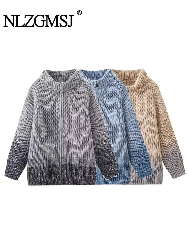 

Nlzgmsj TRAF 2024 Sequin Knitted Women Sweater Autumn Bishop Sleeve Zippers Loose Sweaters Female Lady Stand Collar Outerwear