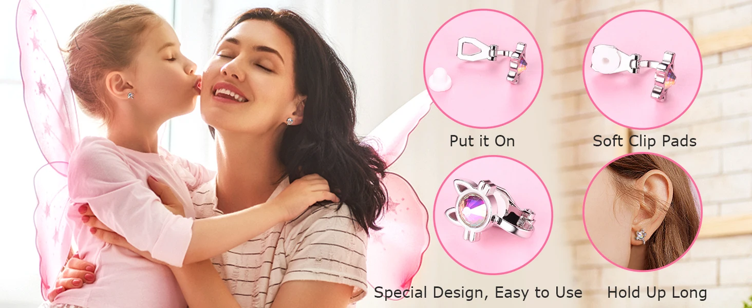 Pearl Star Heart Butterfly Rainbow Cat CZ Clip-on Earrings Set