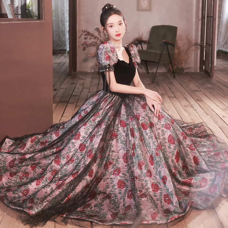 

Sexy Velour Splicing Chiffon Puff Sleeve Back Bandage A-Line Evening Dress Women Formal Gowns Robe De Soiree Cheongsam