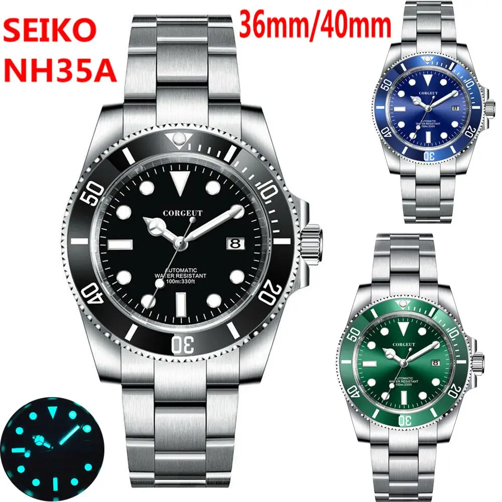 

36mm/40mm Luxury NH35 Sub Watch Mechanical Automatic Wristwatch 10Bars Luminous Ceramic Sapphire corgeut Watches reloj hombre