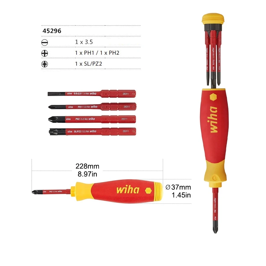 WIHA 45296 4-in-1 절연 드라이버 세트(슬림비트 포함) PocketMax 충전기 1000V 절연 공구