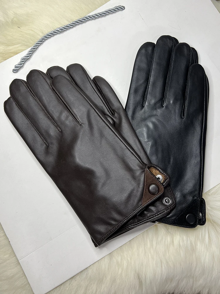 

Touch Screen Men's Leather Gloves Real First Layer Sheepskin Men's Buckle Driving Gloves Keep Warm In Autumn And Winter