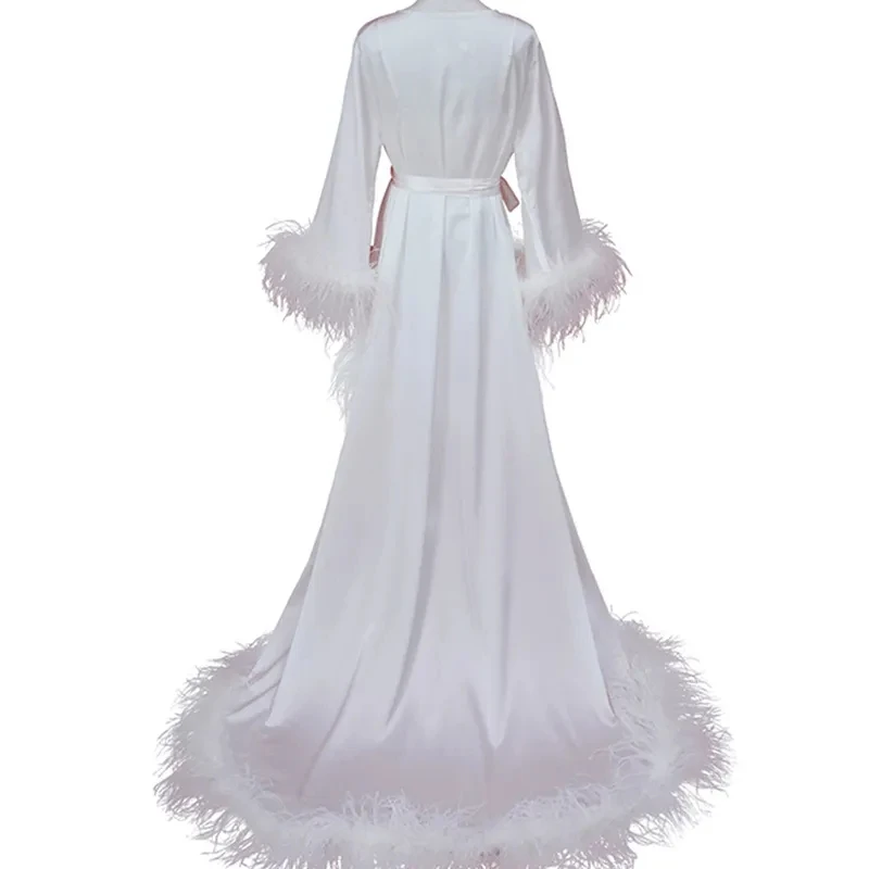 

Morning gown bride fetish wedding luxury white ostrich feathers trailing long dress two-piece night dress пижама женская