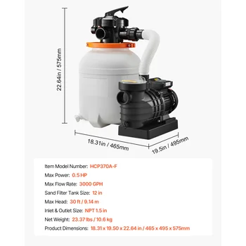 SucceBuy 12in FlashPure Sand Filter Pump with Timer for Above Ground Pool 0.5 HP 3000 GPH Media Installed 7