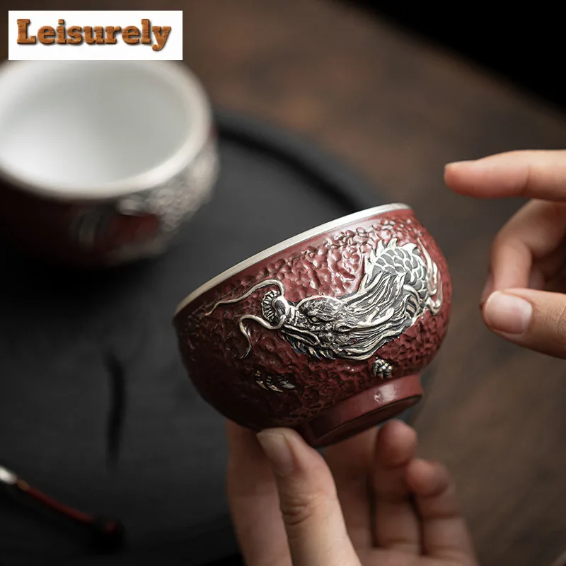 2pc/lot Palace Museum Red Ceramic Teacup Dragon And Phoenix Master Cup Couple's Tea Bowl Tasting Personal Chazhan Teaset 150ml