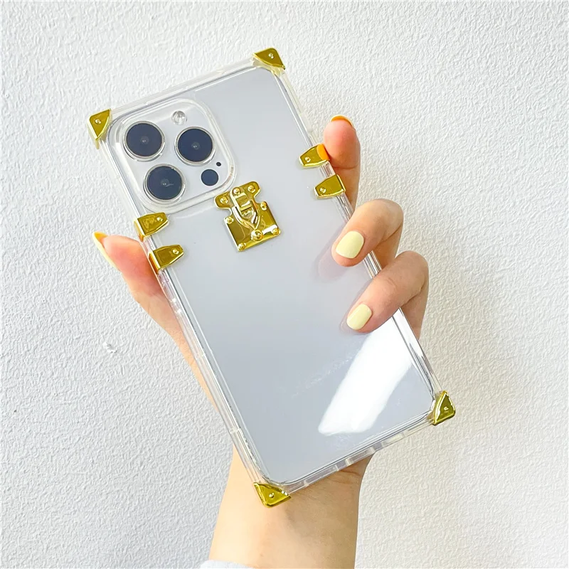 Custodia Quadrata Trasparente Per Iphone 14 Pro Max Cover Trasparente Con Serratura Dorata Placcata Di Lusso Classica Per Custodie Iphone 13 Pro 11 12