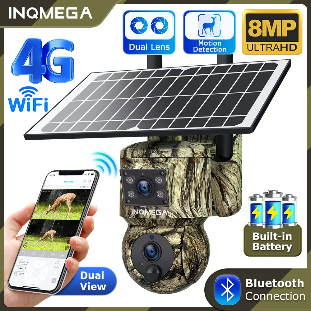 8MP Trail Camera Dual lens Outdoor, 3G/4G LTE, Solar Powered Camera with 360° Pan Tilt, 4K Night Vision, Smart Motion Activated 1