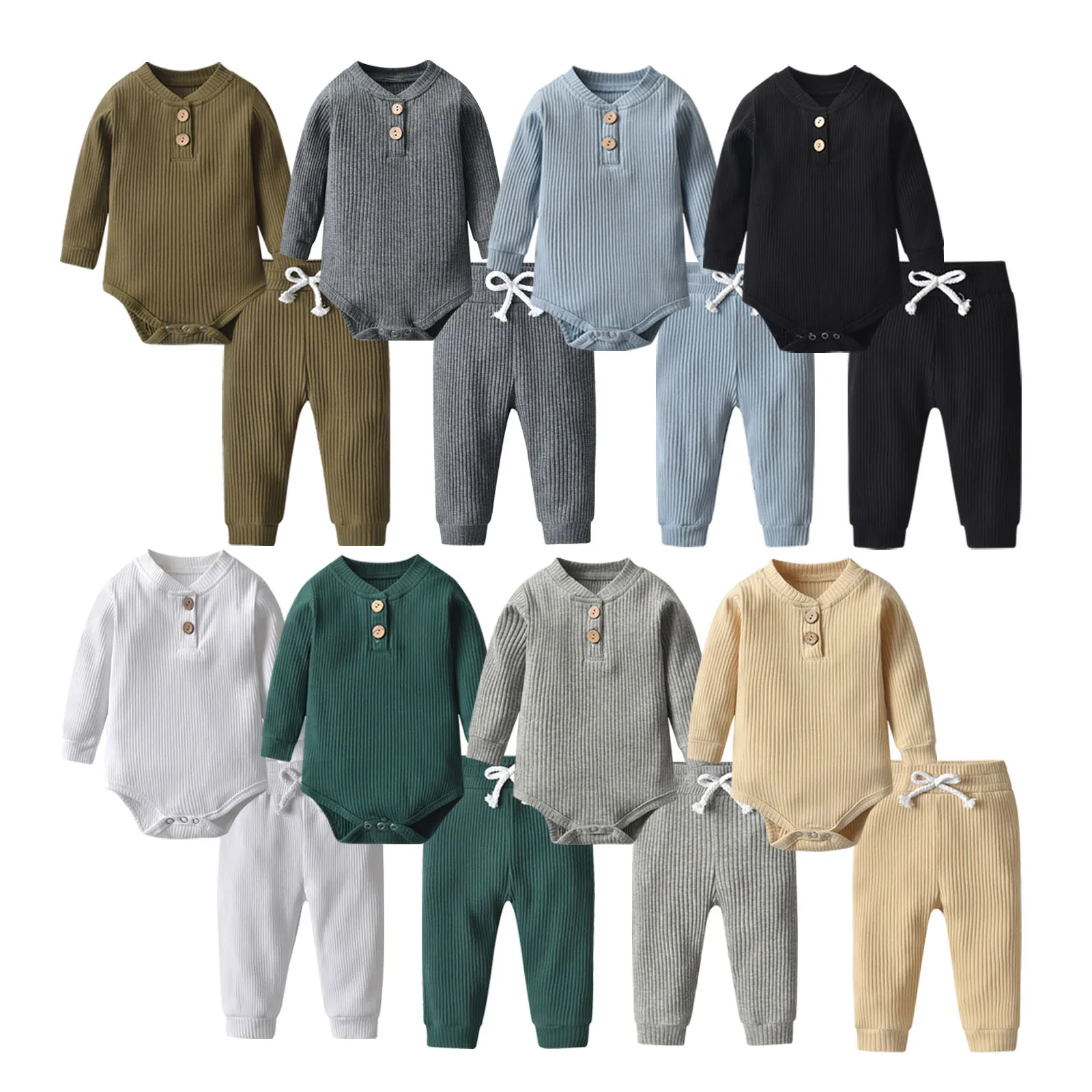 Newborn Baby Boys Girls Clothes Set Cotton Solid Knitted Ribbed Long Sleeve Bodysuit and Pants Infant Clothig Outfits Baby Clothing Set discount