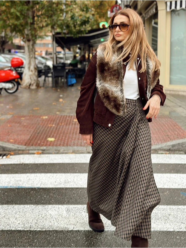 Elegant Plaid Long Skirts For Women Fashion Ruched New High Waist Midi Skirt High Street Casual Chic Party Skirts Mujer ﻿ ﻿
