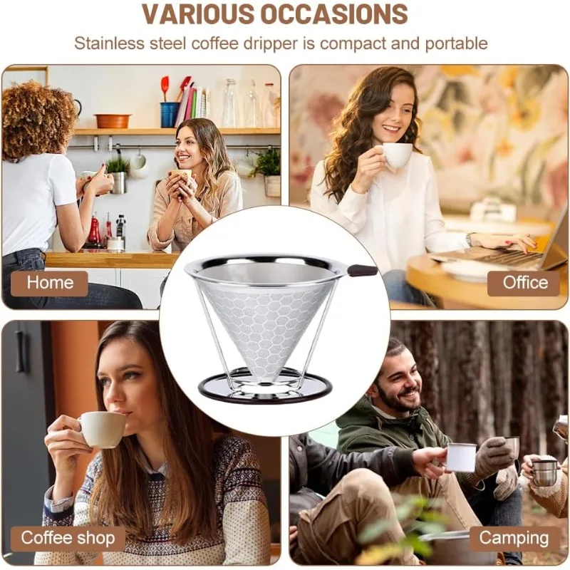 Stainless Steel Cone Coffee Filter Reusable Paperless Dripper with Non-Slip Cup Holder Single Cup Coffee Brewing  Tool