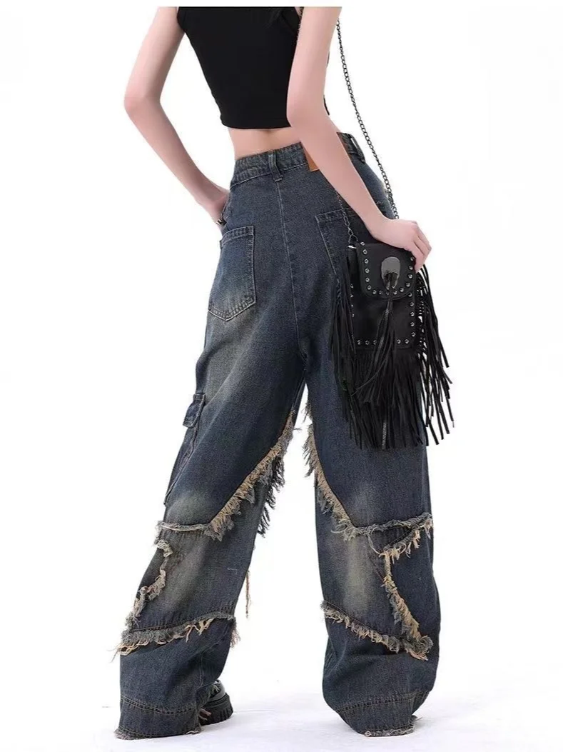 New American Vintage Washed Five-Point Star Frayed Hem Jeans for Women High Street Niche Oversized Straight Leg Long Pants 3