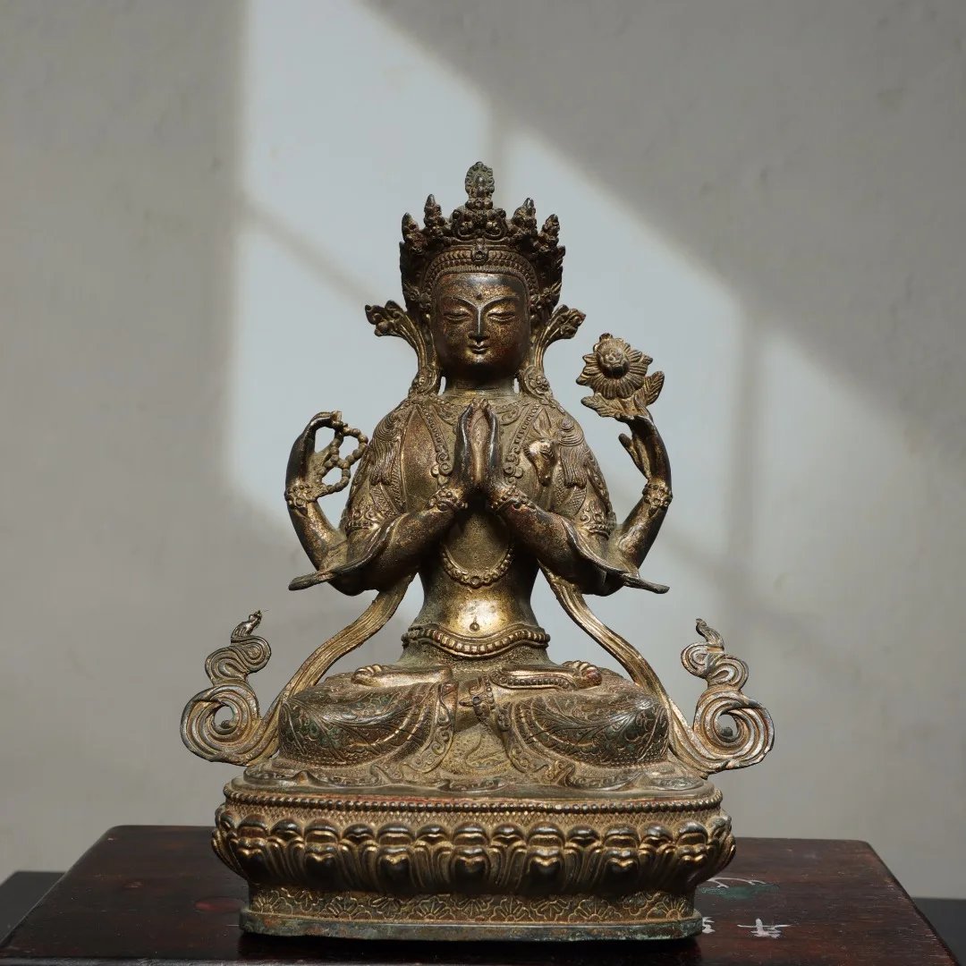 

12"Tibet Temple Collection Old Bronze Cinnabar Mud gold Four Arm Guanyin Bodhisattva Lotus Platform Worship Hall