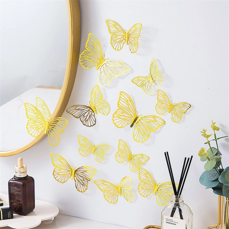 New Hollow 3D Butterfly Wall Stickers 3 Layers Gold RoseGold Decorative  Butterflies for Wedding Birthday Party Decoration 12pcs - AliExpress