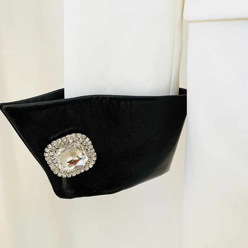 2023 Runway Custom Blazer Suit Women Leather Splicing Notched Collar Long Sleeve Diamonds Single Breasted Work OL Jacket Coat