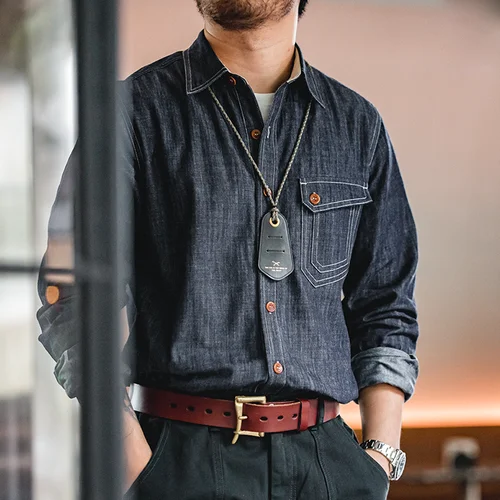 Maden 남성 청바지 인디고 씻어 솔리드 워크 셔츠 Selvedge 청바지 셔츠 데님 셔츠 긴 소매 셔츠 자켓 빈티지 탑 의류 2