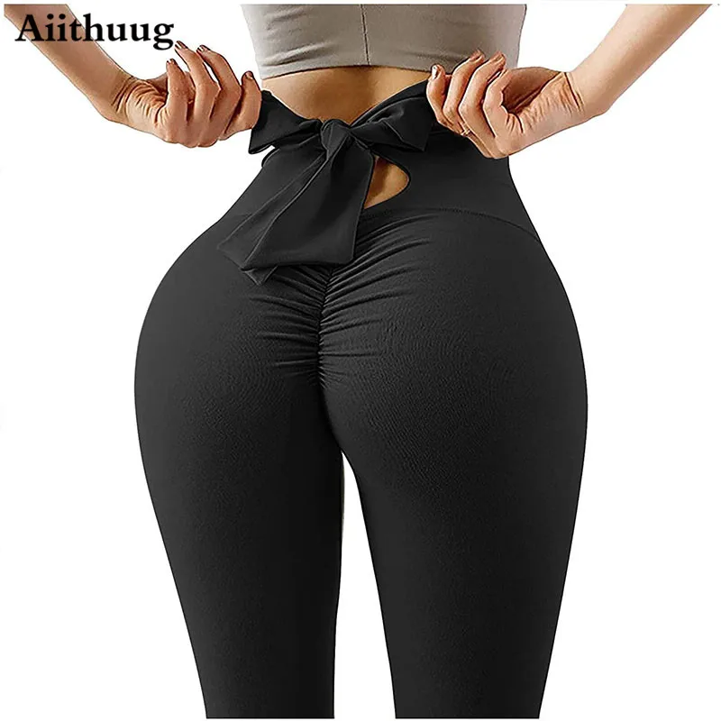 

Aiithuug Womens Butt Lift High Waisted Yoga Pants Tummy Control Bow-Knot Tie Workout Leggings Sport Tights Running Leggings