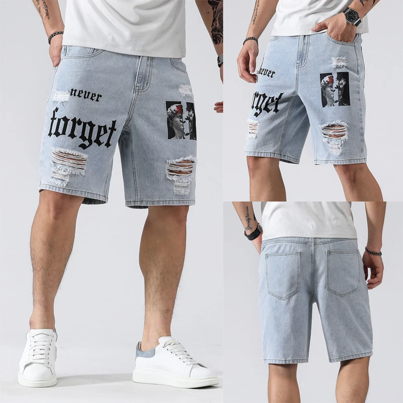 Hole Ripped Slim Men Shorts Casual Jeans Retro Blue Washed Street Knee-length Male Denim Pants