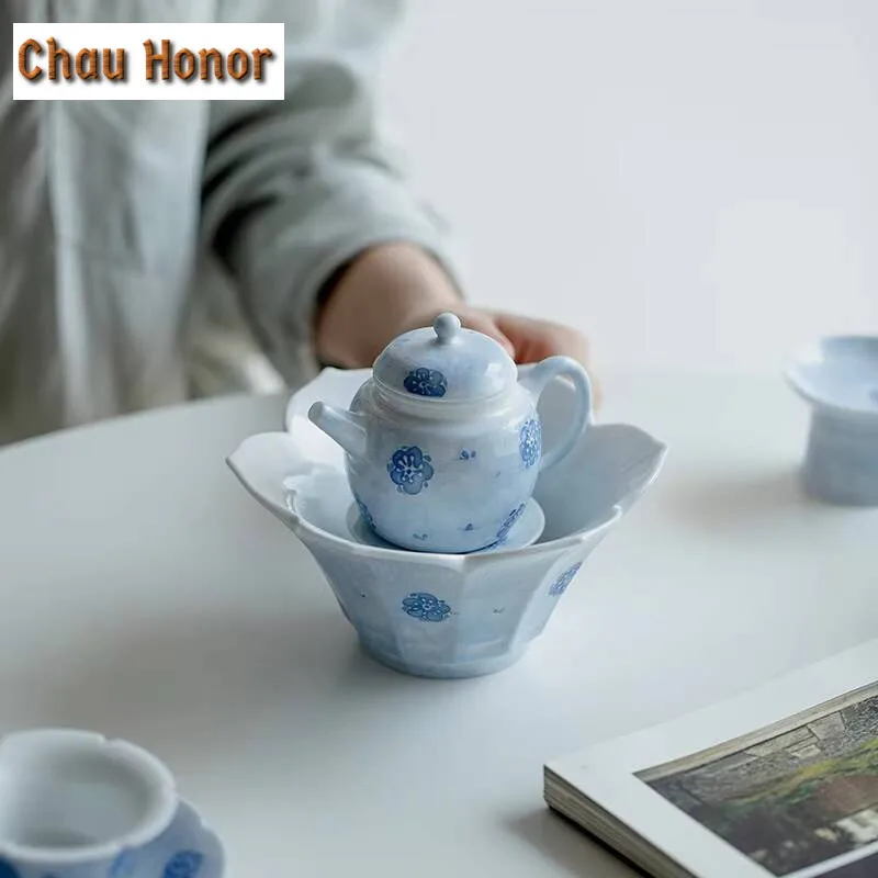 Pure Hand-painted Fog Blue Cherry Blossom Art Pot Bearing Creative Lotus Pot Inheriting Zen Ceramic Dry Bubble Table Fruit Plate