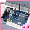 2024 Integrated Waterfall Kitchen Sink Honeycomb Technology Large Digitial Display Stainless Steel Soap Dispenser Cup Washer 1