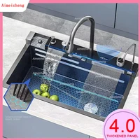 2024 Integrated Waterfall Kitchen Sink Honeycomb Technology Large Digitial Display Stainless Steel Soap Dispenser Cup Washer 1