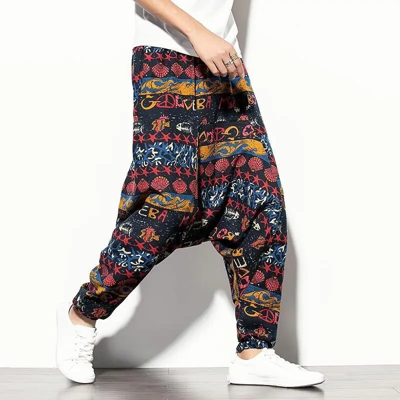 Chinese Styles Linen Cotton Drop Crotch Pants Men Vintage Ethnic Print Streetwear Travel Holiday Club Party Trend Sexy Pantalon