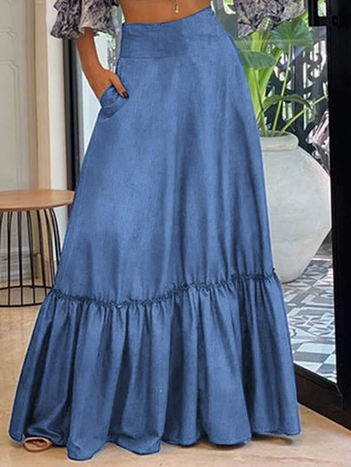Cotton Simple Retro Long A line Skirt Split Denim Dress