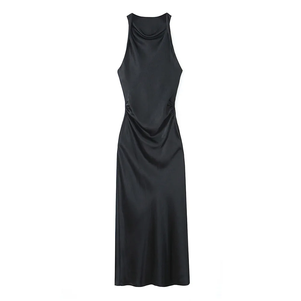 

2024 Summer Women's New Fashionable Versatile Swing Collar Solid Color Silk Satin Texture Midi Drape Casual Dress