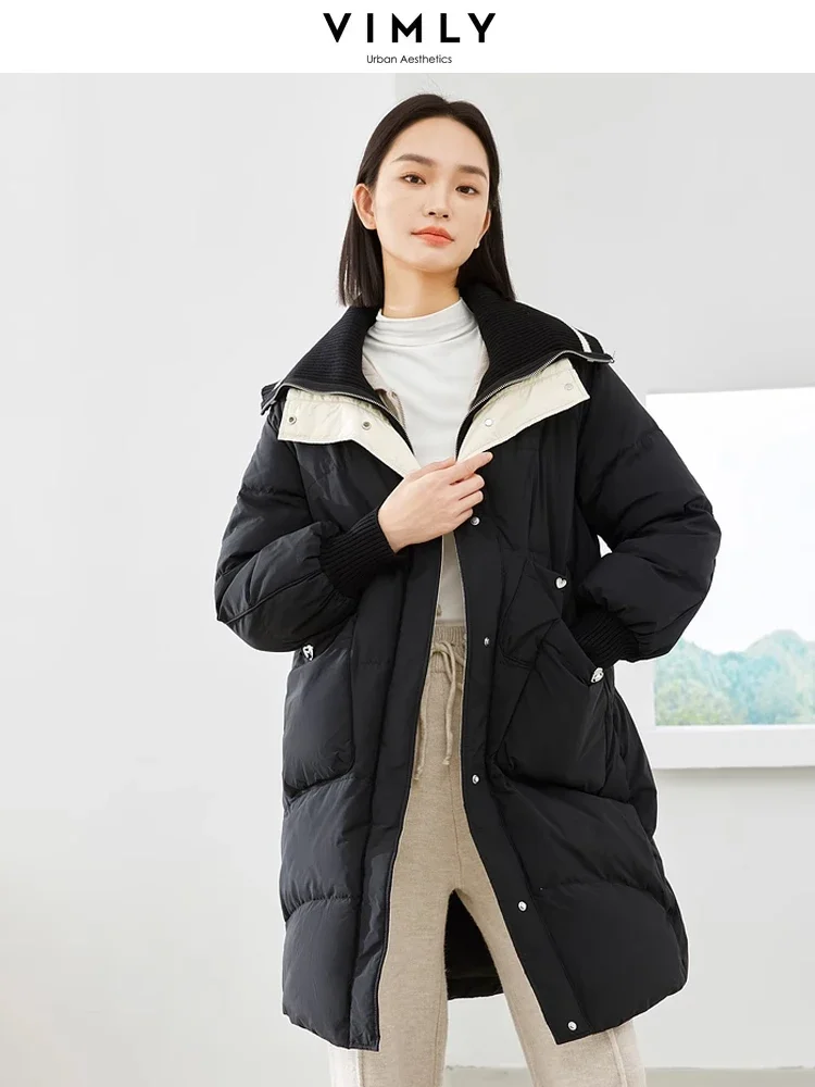 Vimly Contrast Fake 2 Piece Duck Down Coat 2023 Winter Lapel Single Breasted Long Sleeve Thick Warm Jacket Women Outerwear 50626