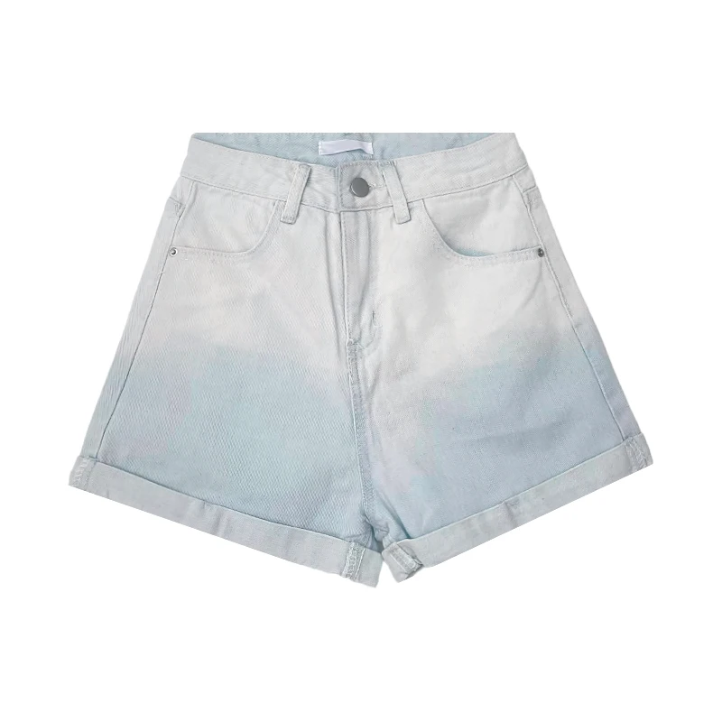 

Summer retro gradient washed light blue high waist thin all-match wide-leg denim shorts