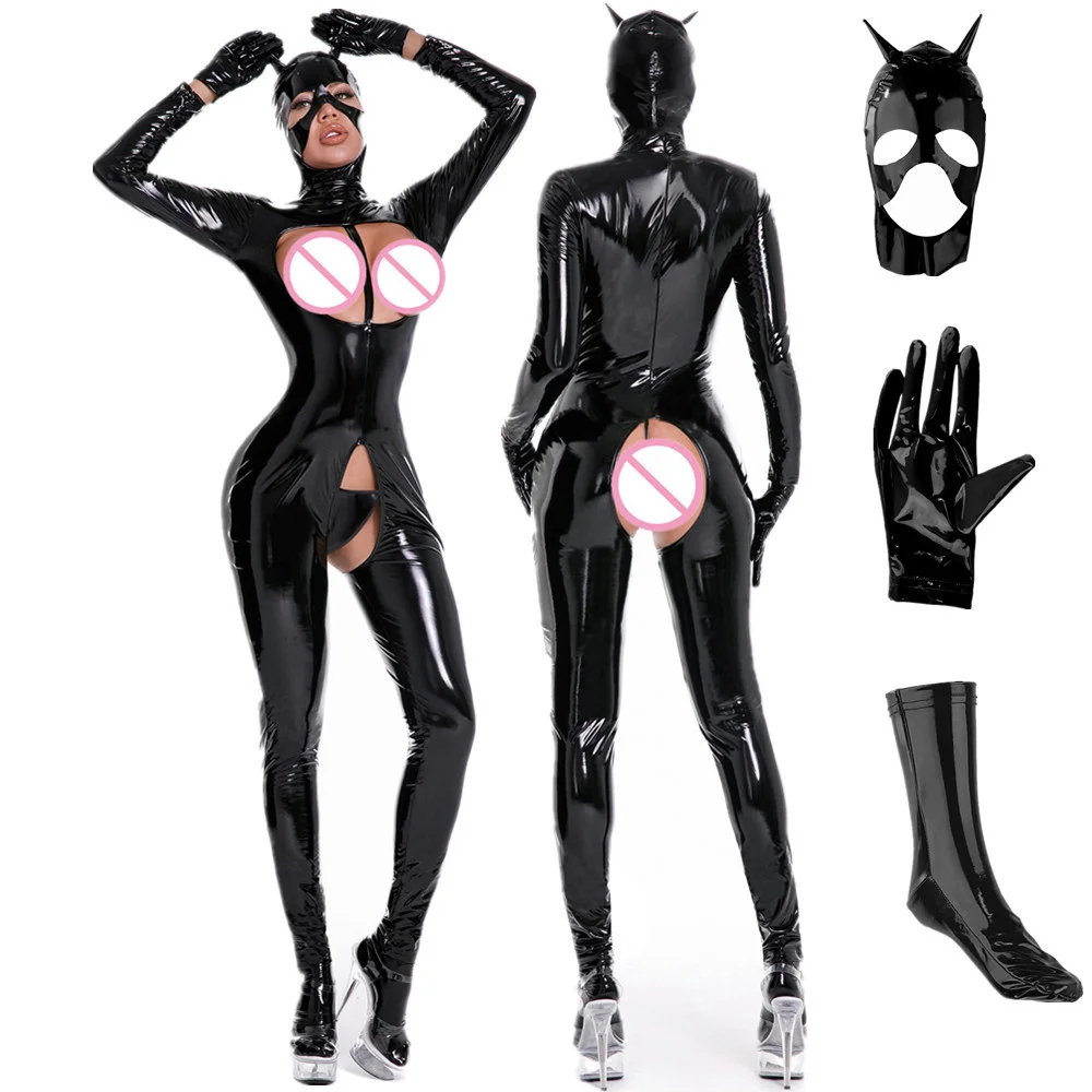 

Sexy Hot Cat Woman PVC Faux Leather Catsuit Wetlook Latex Bodysuit Crotchless Clubwear Back Zipper Open Crotch Stretch Jumpsuits