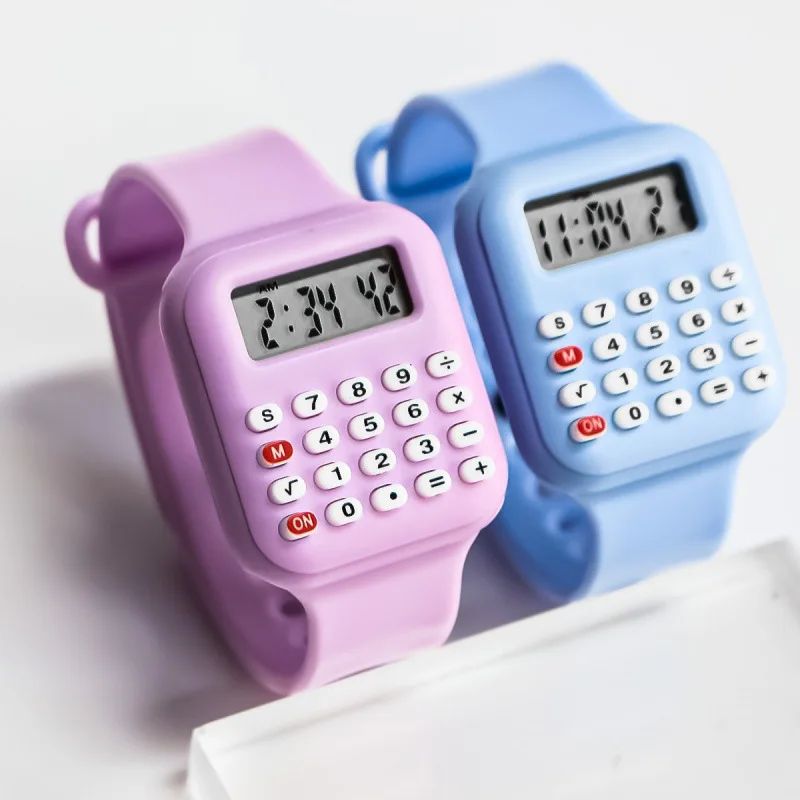 Creative Kids Pupil Calculator Smart Watch Keychain LED Digital Rubber Strap Watch Electronic Watch Time and Date Display Clock
