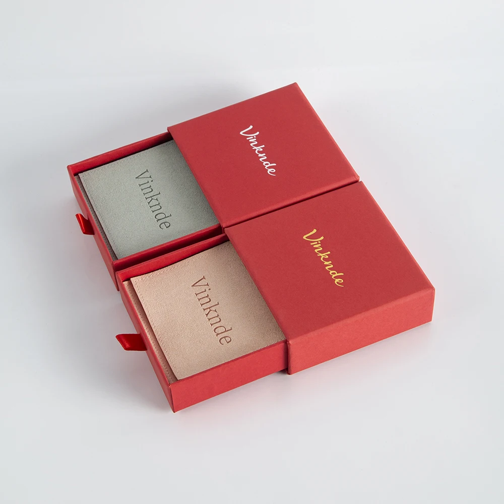 Christmas Red Drawer Paper Box Inside With Personalized Custom Logo Envelope Jewelry Microfiber Flap Bag Package Pouch 100Sets