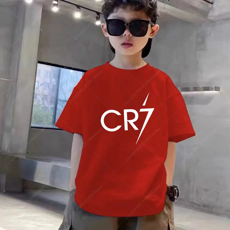 Ronaldo Football Star Printed Children's Clothing Kids Summer Short-sleeved Boys Girls Black Cotton T-shirt Sportswear Tops Teen 3