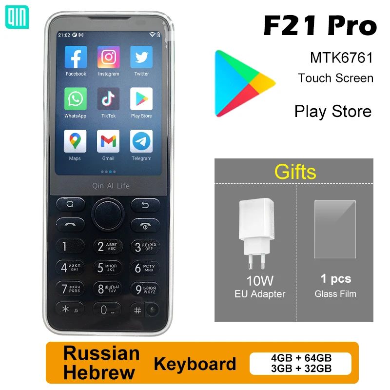 Qin F21 Pro Global Version Russian Hebrew Button Smart Touch Screen Phone Wifi 2.8 Inch 3GB + 32GB / 4GB 64GB Play StorePhone