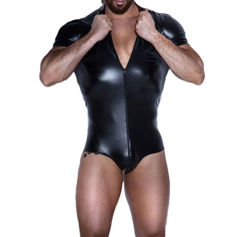 Black Wetlook Faux Leather Catsuit Sexy Lingerie for Men Zipper Open Crotch Teddy Spandex Mens Bodysuit Erotic Costume Plus Size