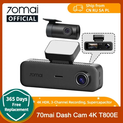 70mai T800E 3-Channel Dash Cam: Front 4K + Rear 1080P + Interior 1080P, HDR, Supercapacitor, 24H Parking, GPS, Voice Control, Wi‑Fi 6