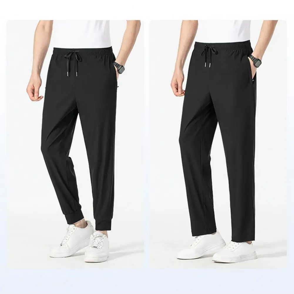 Youthful Adult Trousers Ice Silk Unisex Pants with Side Pockets Drawstring Waist for Gym Training Jogging Quick Dry Solid Color