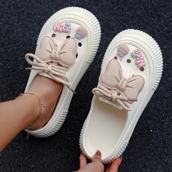 Women Fashion Clogs DIY Cute Bowknot Summer Platform Shoes Female Home Street Slippers Soft EVA Close Toe Girls Beach Sandals 1