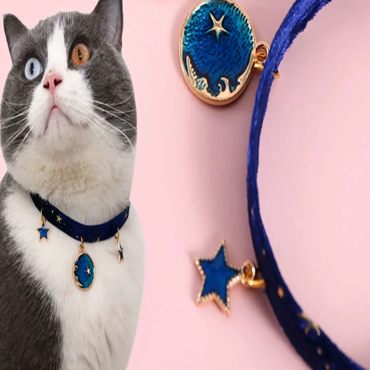 1pc-Cute Cat Pendant Necklace Printed Star Puppy Collar Lobster Clasp Adjustable Extension Chain Pet Collar