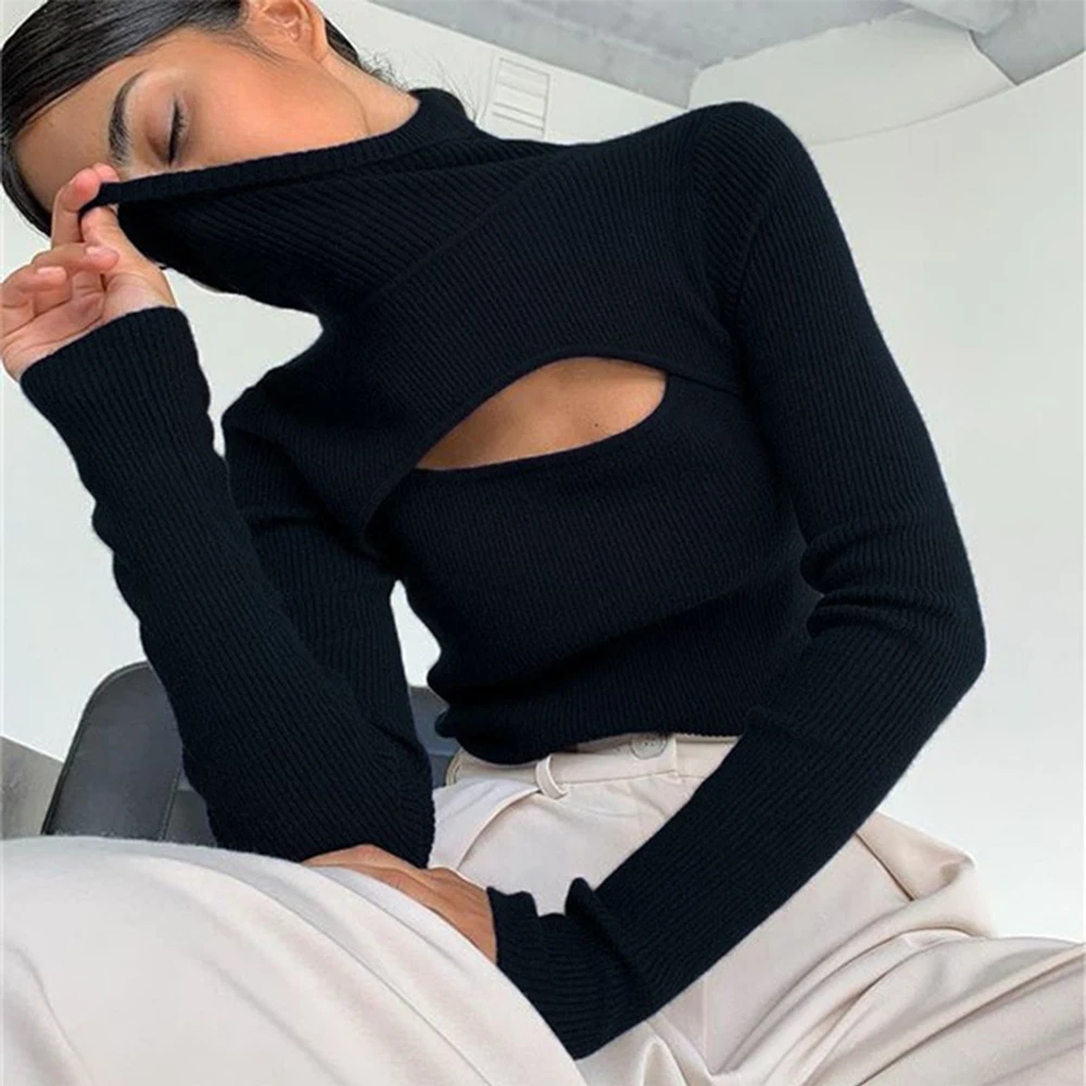 Women'S Turtleneck Long Sleeve Vintage Pullovers Hollow Out Sweater Korean Style Chic Slim Autumn Y2k Tops Ofiice Lady Clothes