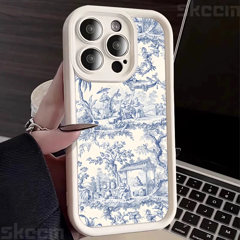 Blue Retro Tea Break and Flower Pattern Silicone Phone Case