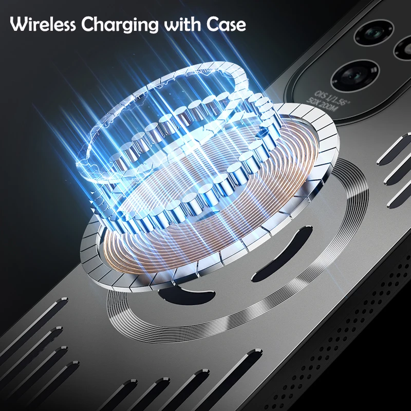 Luxury Magnetic Wireless Charging Smart Case with Hard Metal Heat Dissipation Back Cover